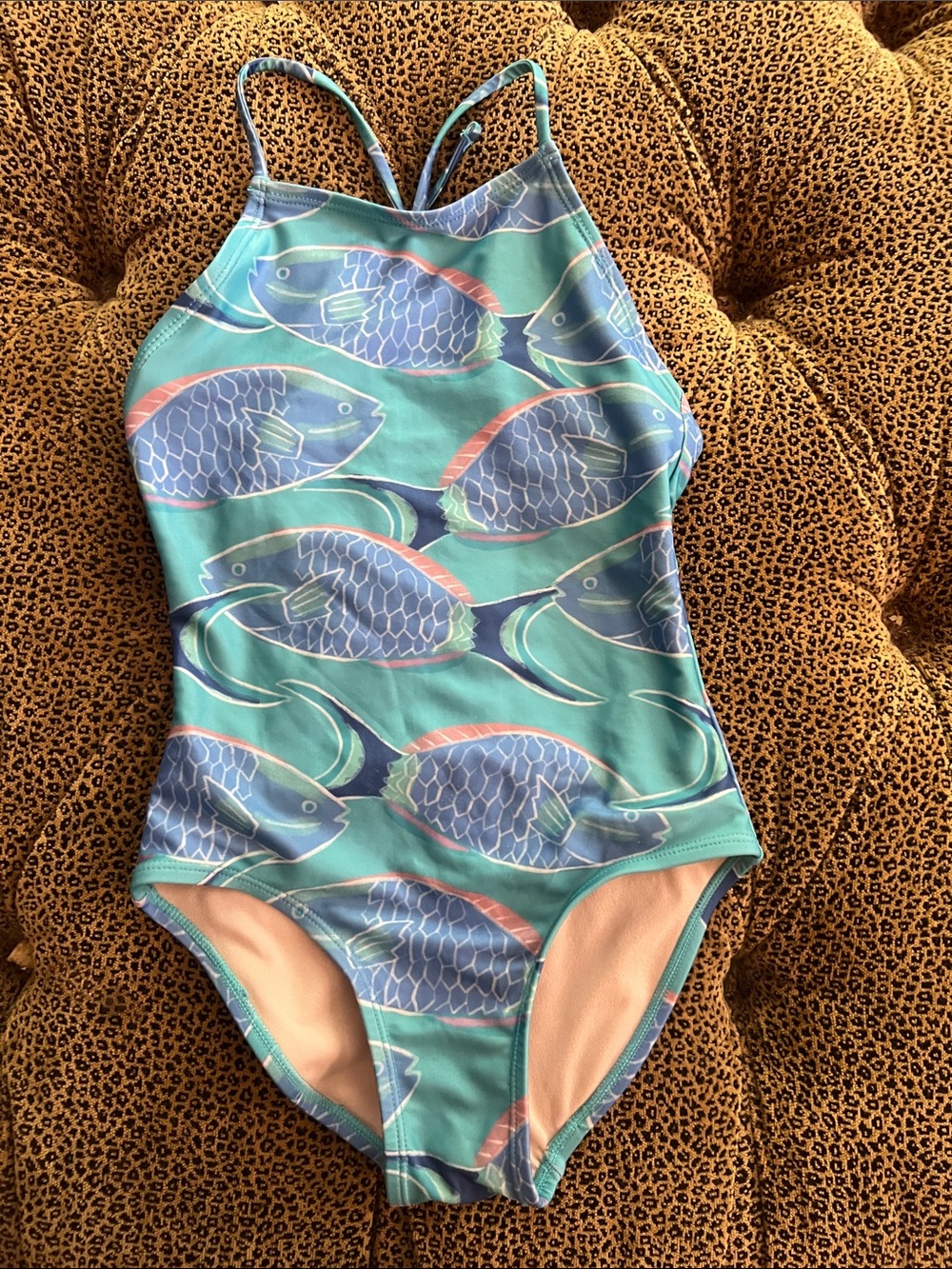 Tea Collection Aqua One-Piece Swimsuit with Blue Fish Print size 8